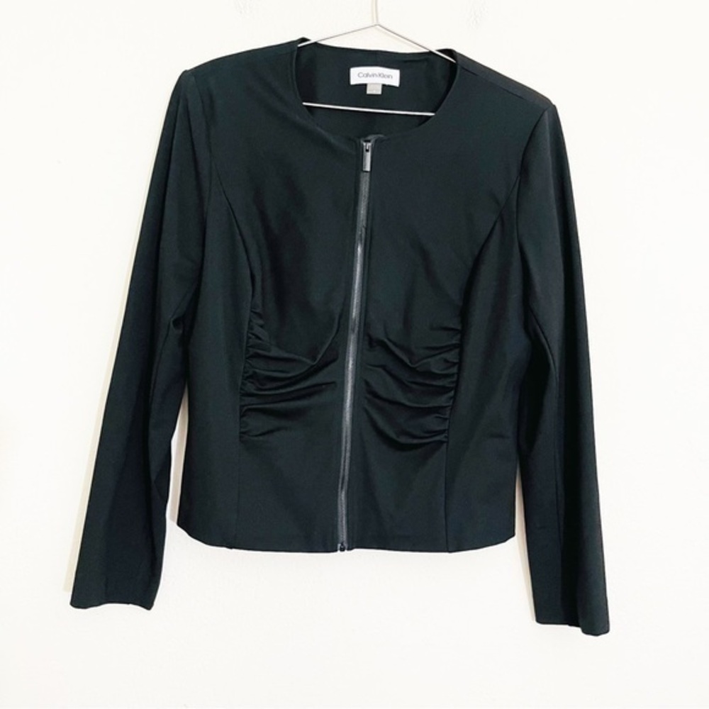 Calvin Klein Collarless Full Zip Ruched Jacket Women Size 16 Color Black